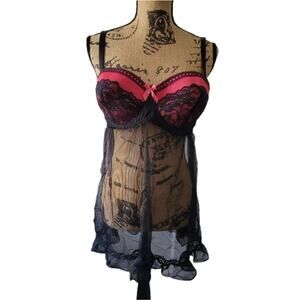 2X Black Fuscia sheer nighty lingerie, hot pink & black with lacey cups